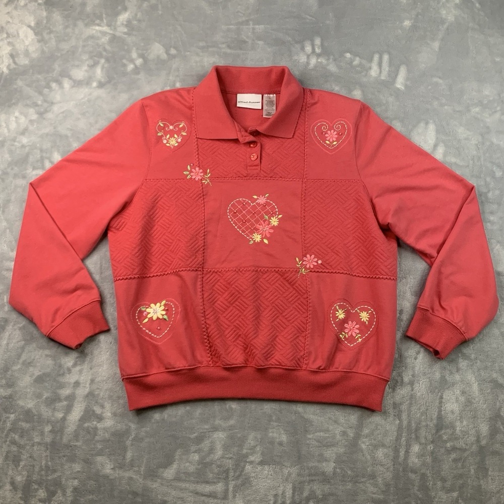 Alfred Dunner Top L Pink Long Sleeve Embroidered Sweat Shirt‎ Hearts Flowers